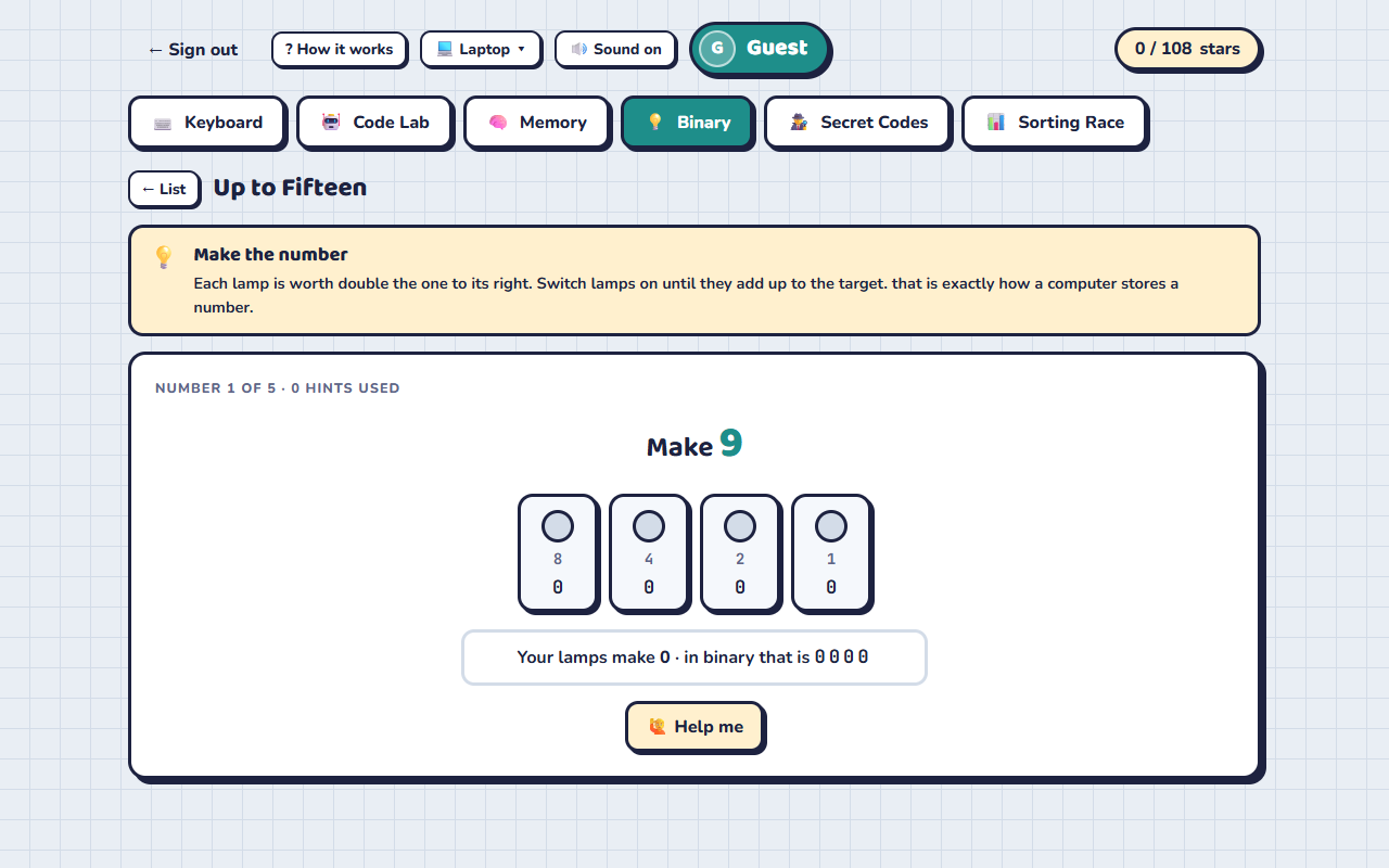 Binary Lights: switch on lamps worth 8, 4, 2 and 1 to make the number 9