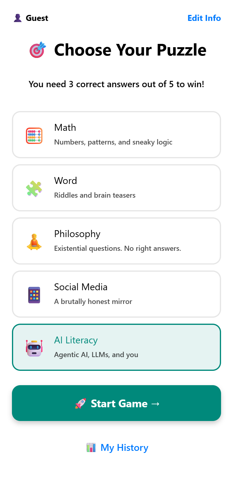 Choose your puzzle: Math, Word, Philosophy, Social Media or AI Literacy