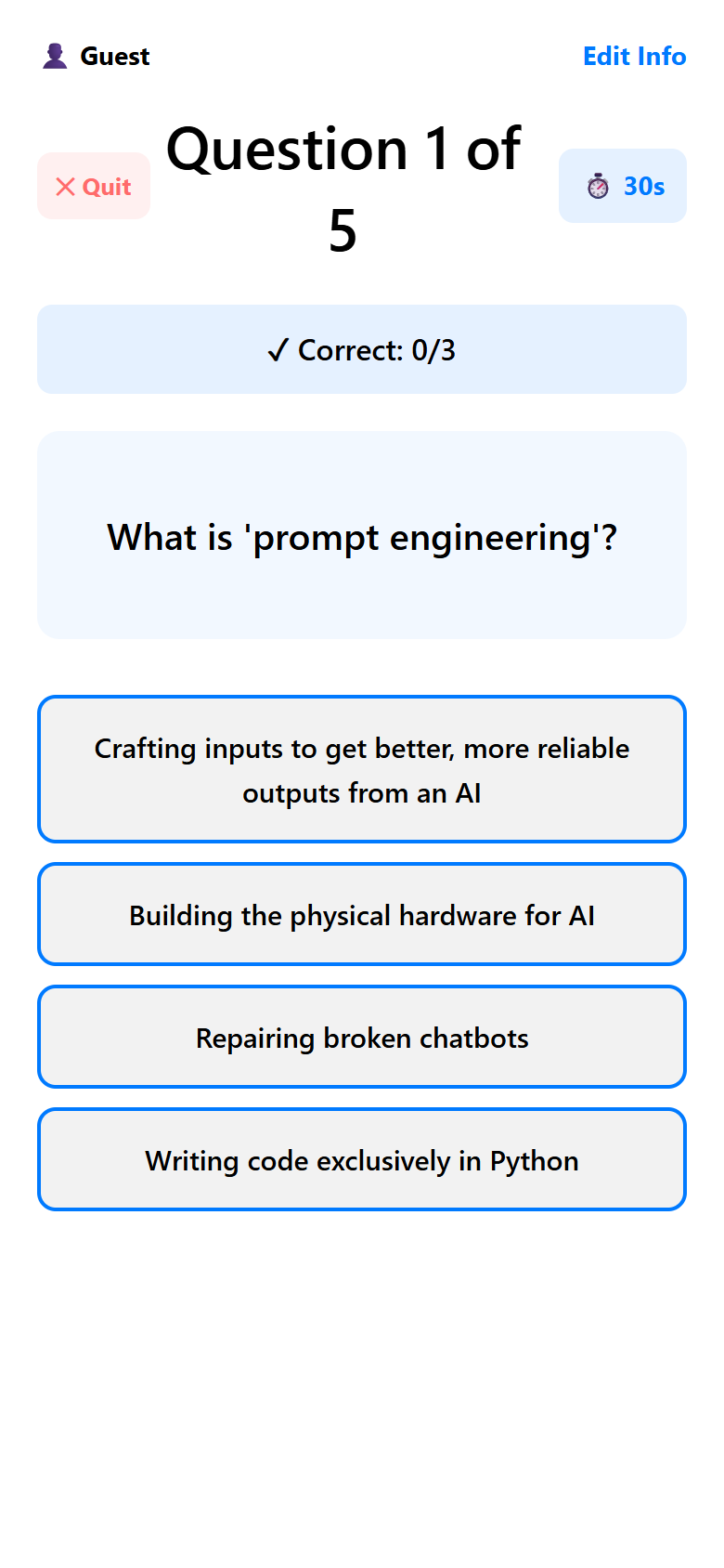 An AI Literacy question with four answers and a 30-second timer